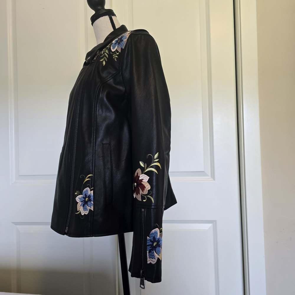 New Dennis Basso Madison Ave Embroider Floral Black Faux Leather Moto Jacket XL - Picture 7 of 14